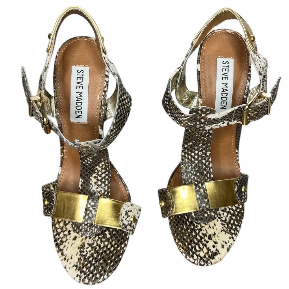 Steve Madden Snake print & Gold T-Strap Dress Sandals baddie sexy Reya Natural - Picture 2 of 6